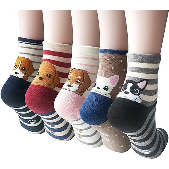 5 Pairs Womens Cute Dog Patterned Animal Socks Funny Casual Cotton Novelty Crew Socks