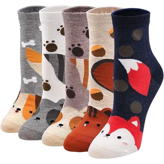 5 Pairs Womens Cute Socks, Dog Cat Novelty Animal Socks, Girl Cartoon Cotton Casual Crew Funny Socks Gifts