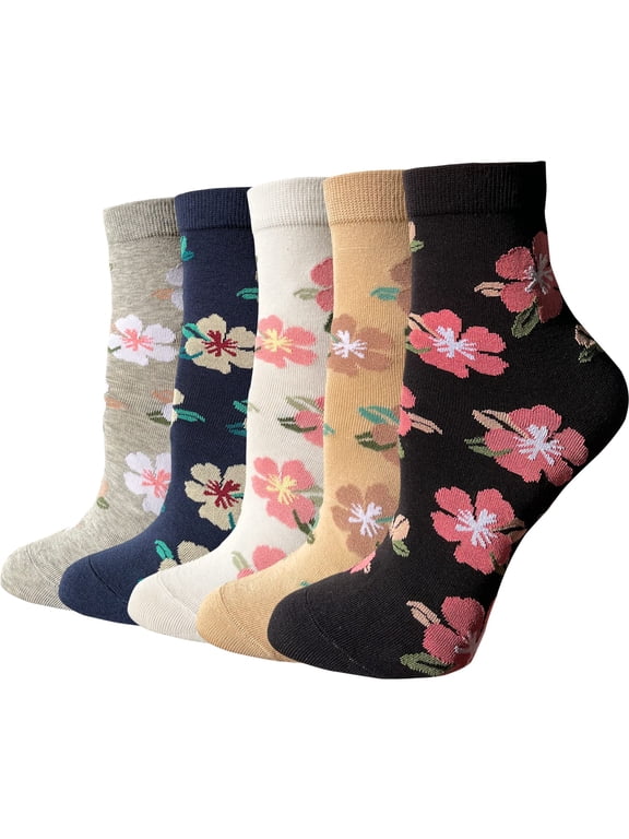 5 Pairs Womens Floral Cotton Socks Vintage Patterned Crew Socks Novelty Ankle Ruffled Warm Casual Dress Socks
