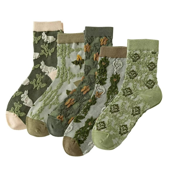 5 Pairs Womens Floral Cotton Socks Vintage Patterned Crew Socks Novelty Ankle Ruffled Warm Casual Dress Socks