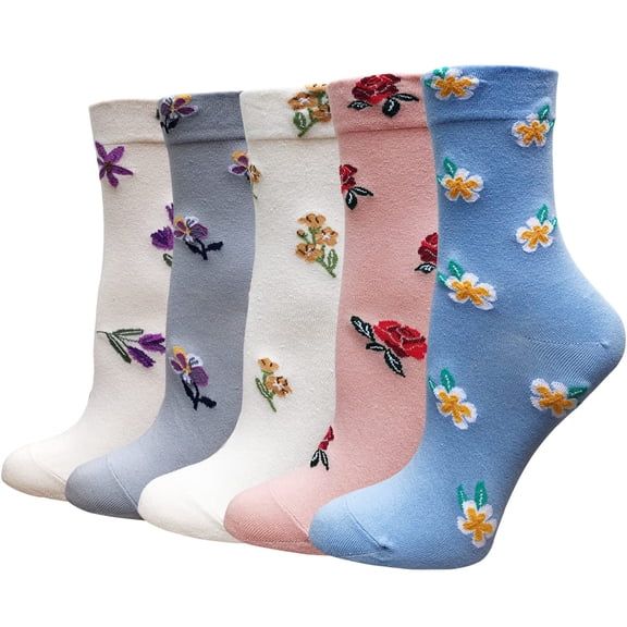 5 Pairs Womens Floral Cotton Socks Vintage Patterned Crew Socks Novelty Ankle Ruffled Warm Casual Dress Socks