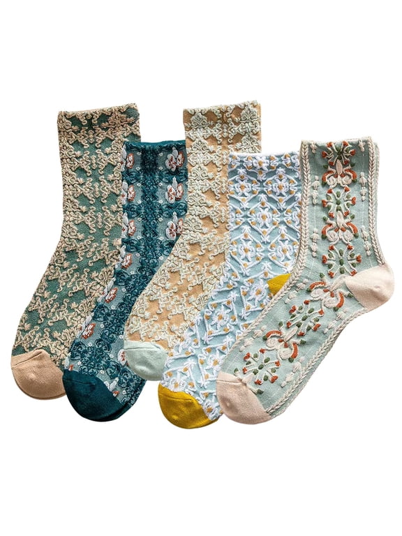 5 Pairs Womens Floral Cotton Socks Vintage Patterned Crew Socks Novelty Ankle Ruffled Warm Casual Dress Socks