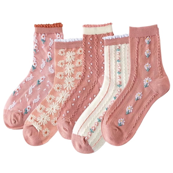 5 Pairs Womens Floral Cotton Socks Vintage Patterned Crew Socks Novelty Ankle Ruffled Warm Casual Dress Socks
