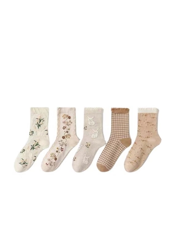 5 Pairs Womens Floral Cotton Socks Vintage Patterned Crew Socks Novelty Ankle Ruffled Warm Casual Dress Socks