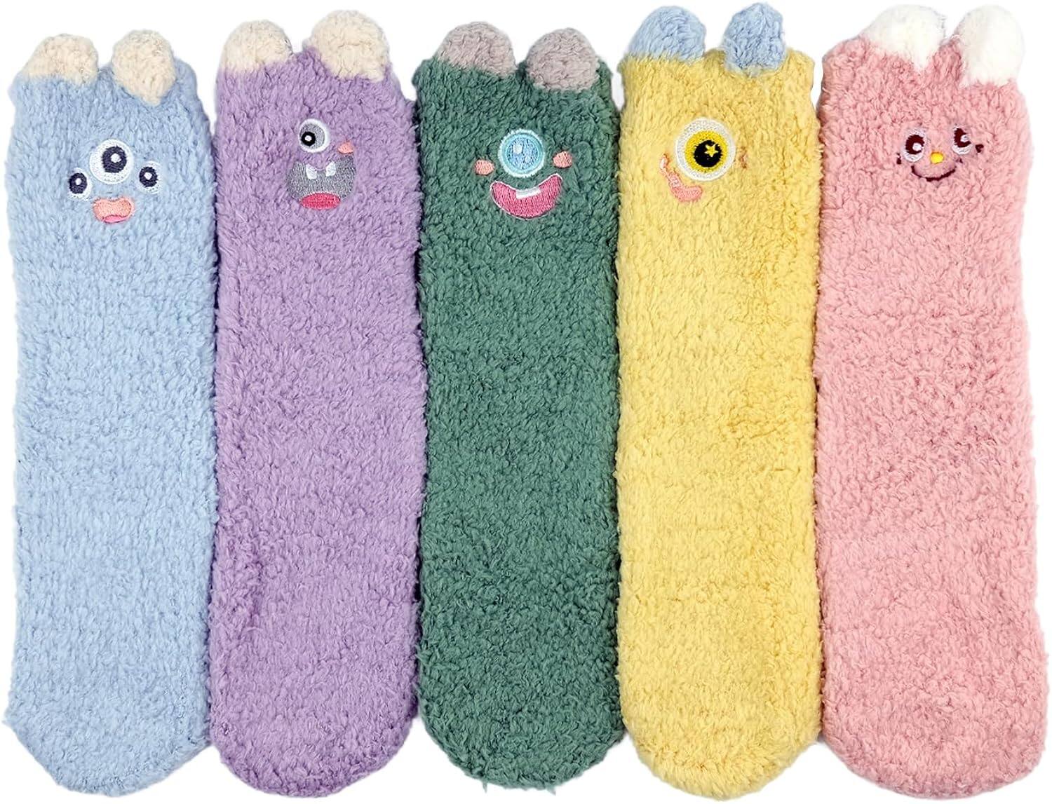 5 Pairs Womens Fluffy Socks, Winter Warm Coral Fleece Socks with Novel Monster Pattern, Super