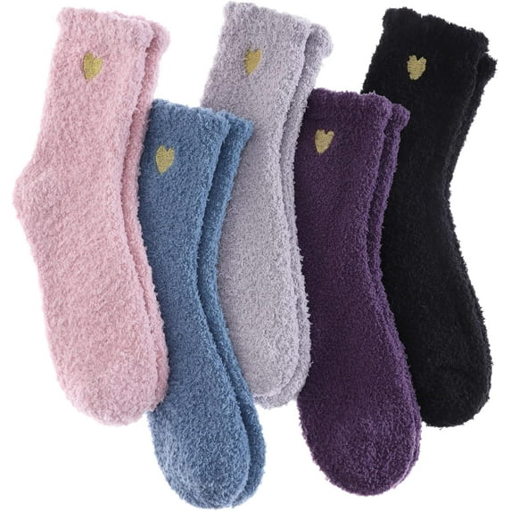 5 Pairs Womens Fuzzy Slipper Socks Super Soft Microfiber Fluffy Cozy Winter Warm Fuzzy Crew Socks
