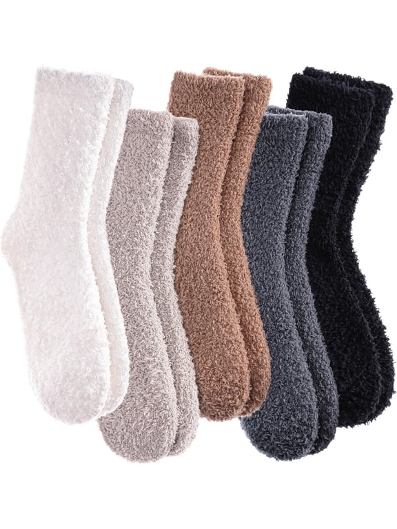5 Pairs Womens Fuzzy Slipper Socks, Ultra Soft Microfiber Crew Socks for Winter, Non-Slip Cozy House Socks with Fluffy Lining