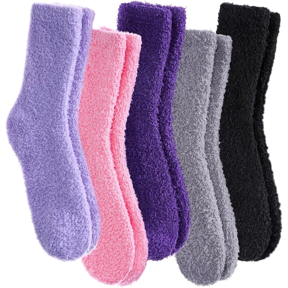 5 Pairs Womens Fuzzy Slipper Socks, Ultra Soft Microfiber Crew Socks for Winter, Non-Slip Cozy House Socks with Fluffy Lining