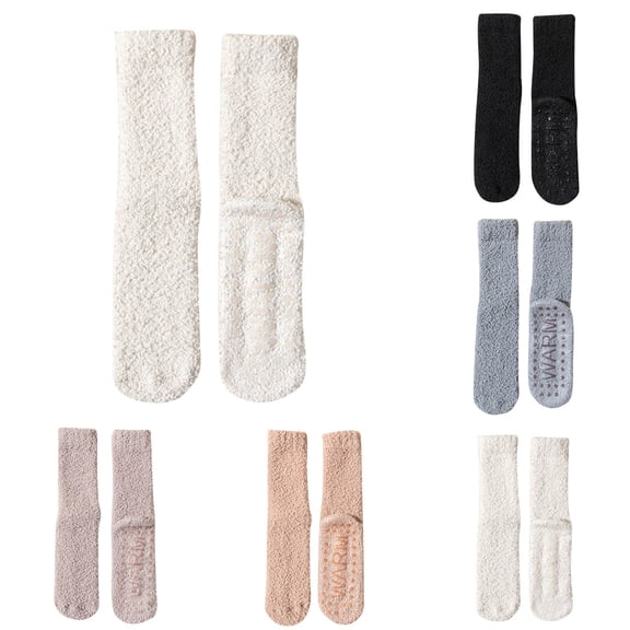 5 Pairs Womens Fuzzy Socks Winter Sleeping Floor Non Slip Silicone Bottom Mid Calf Socks Thickened Warm Coral Velvet Sleep Socks