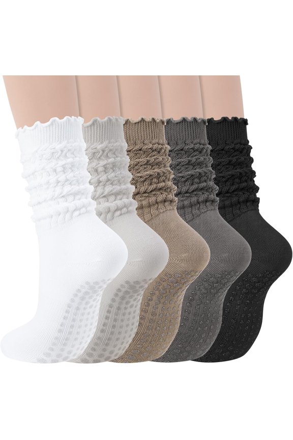 5 Pairs Womens Slouchy Pilates Socks with Grips, Scrunch Stacked Non Slip Grippy Socks for Indoor Workout