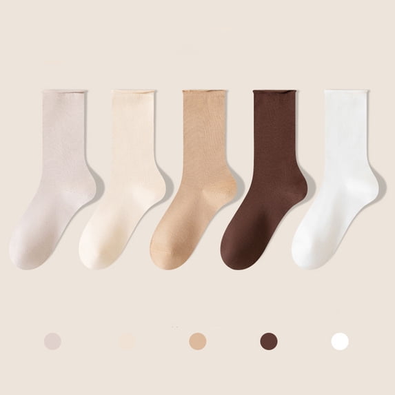 5 Pairs Womens Solid Crew Socks, Soft Casual Breathable Cotton Socks for Everyday Brown High Socks One Size