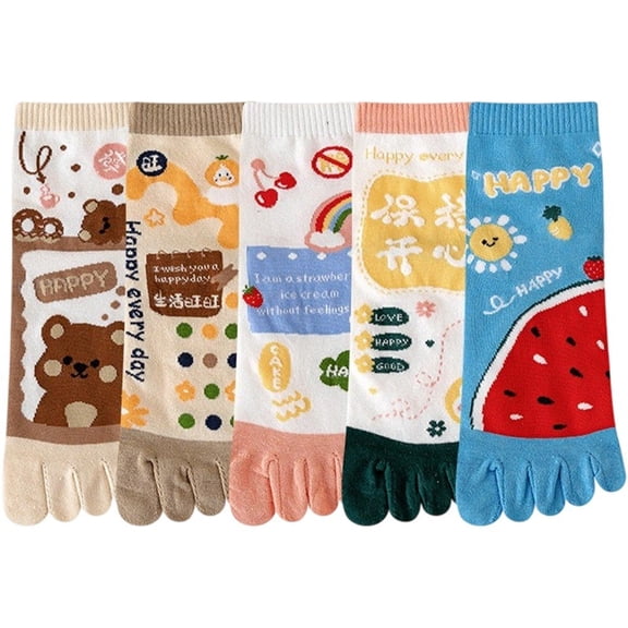 5 Pairs Womens Toe Socks Fruit Letter Slogan Bear Crew Socks Cute Sweet Fashion Cotton Five-toe Socks Cotton Socks