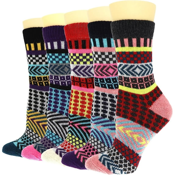 5 Pairs Womens Wool Socks Thick Knit Vintage Winter Warm Cozy Crew Socks