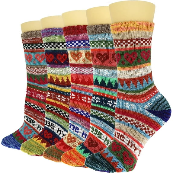 5 Pairs Womens Wool Socks Thick Knit Vintage Winter Warm Cozy Crew Socks