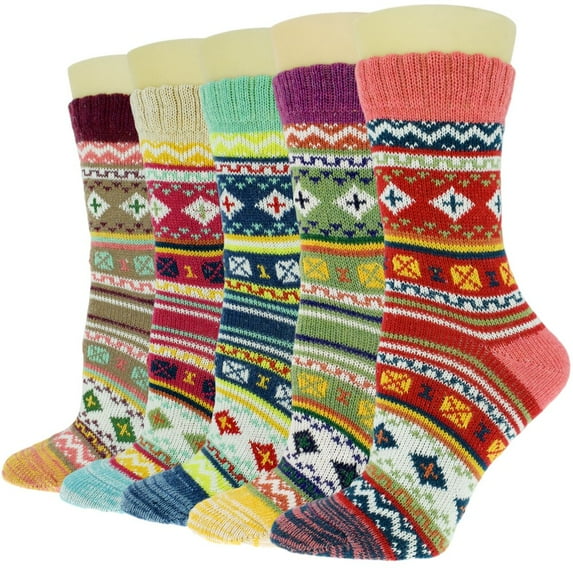 5 Pairs Womens Wool Socks Thick Knit Vintage Winter Warm Cozy Crew Socks