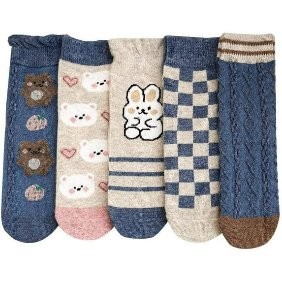 5 Pairs Wool Socks for Women Thick Knit Cozy Vintage Cute Animal Floral Crew Socks