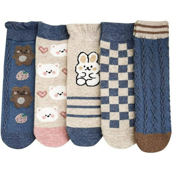 5 Pairs Wool Socks for Women Thick Knit Cozy Vintage Cute Animal Floral Crew Socks