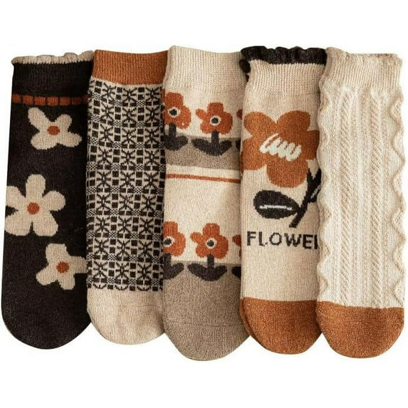 5 Pairs Wool Socks for Women Thick Knit Cozy Vintage Cute Animal Floral Crew Socks