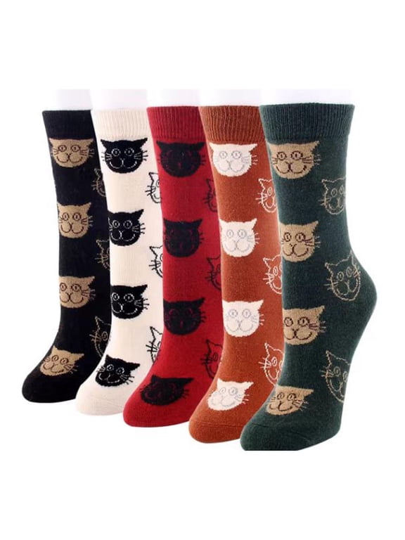 5 Pairs Wool Socks for Women, Winter Warm Cute Cat Crew Socks