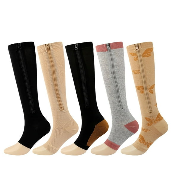 5 Pairs Zipper Compression Socks for Men & Women - High Elasticity Leg Support,Solid Color Athletic Socks for Running, Outdoor Sports, Nursing Recovery