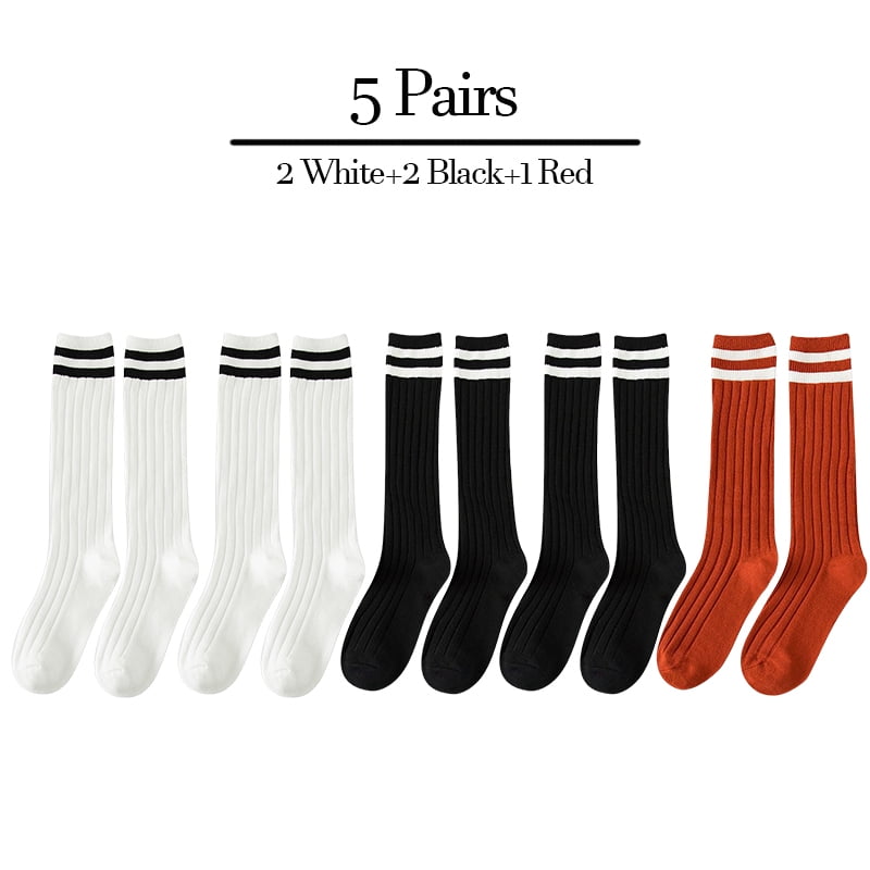 5 Pairs/lot Kids Knee High Long Socks Soft Cotton Black White Stripes Children Sports Socks Boys Girls Classic Preppy Style Sock 2 White Black Red XL(6-8 Years Old)