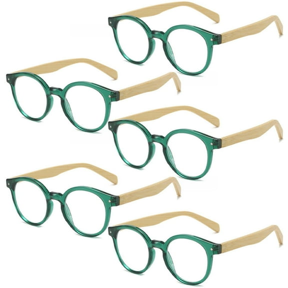 5 Pairs of Bamboo Temple Reading Glasses Retro Round Green Reading Glasses for Men and Women Classic Readers +2.00