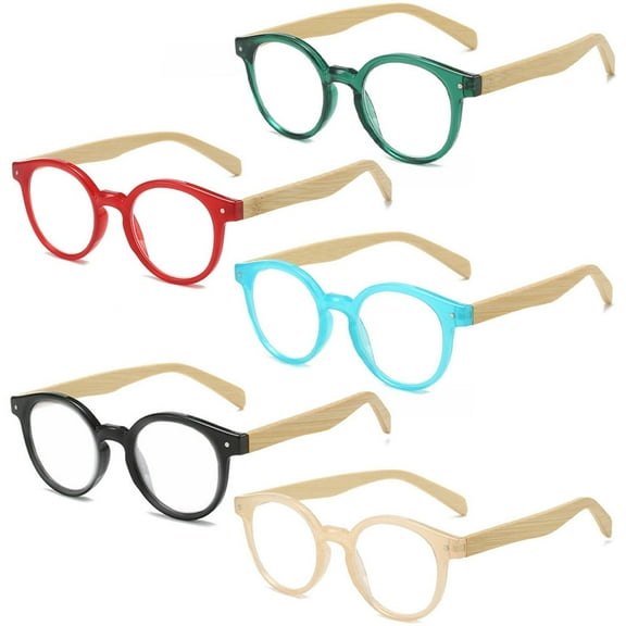 5 Pairs of Bamboo Temple Reading Glasses Retro Round Reading Glasses for Men and Women Classic Readers Eyeglasses Frame