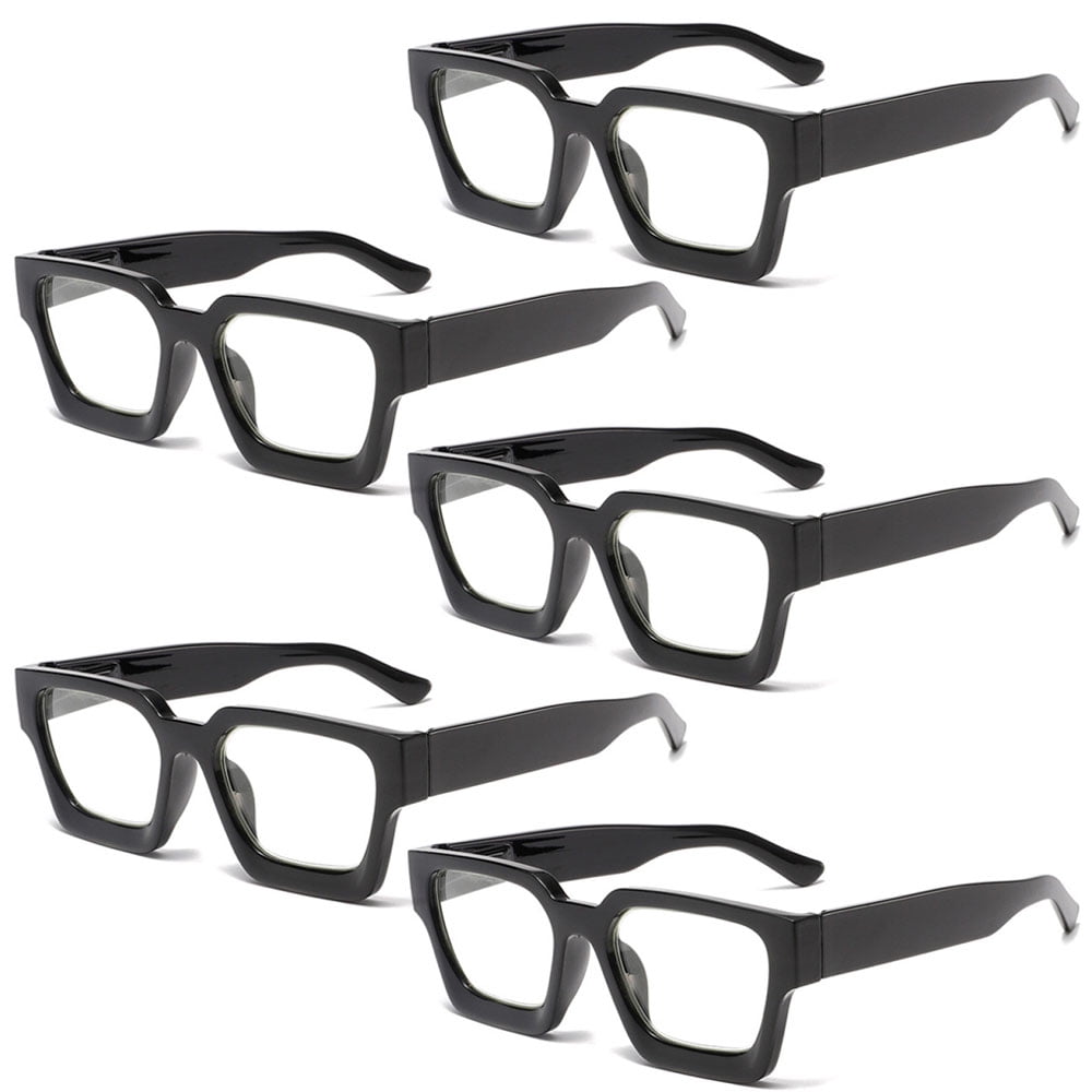 5 Pairs of Black Thick Oversize Square Candy Color Reading Glasses 3.00 for Women and Men, Stylish Blue Light Blocking Spring Hinge Readers +3.00
