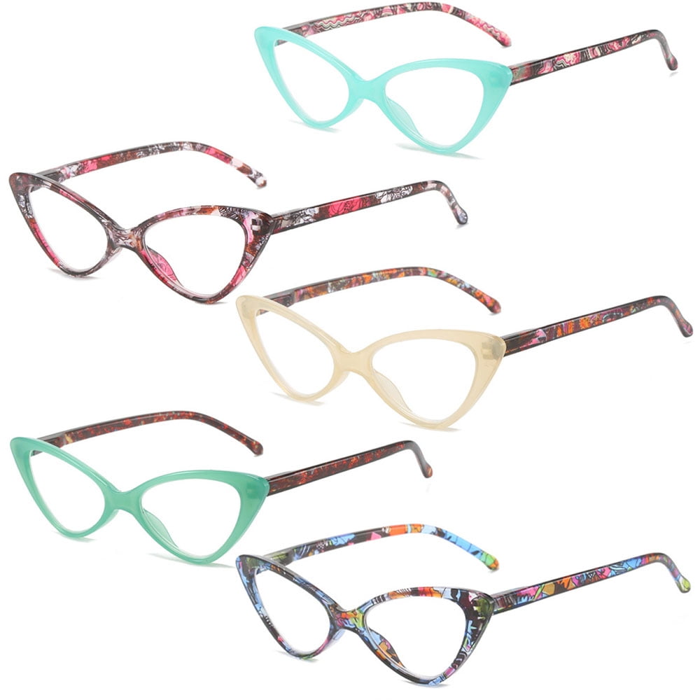 5 Pairs of Classic Cat Eye Reading Glasses for Women, Blue Light Blocking Retro Readers 1.5, Ladies Plastic Spring Hinge Presbyopia Glasses +1.50