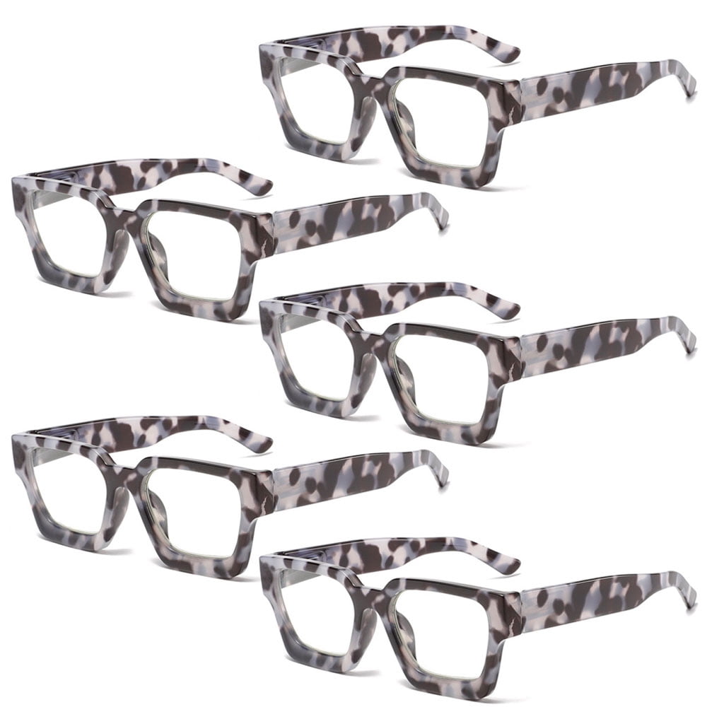 5 Pairs of Grey Tortoiseshell Thick Oversize Square Candy Color Reading Glasses for Women and Men, Stylish Blue Light Blocking Spring Hinge Readers