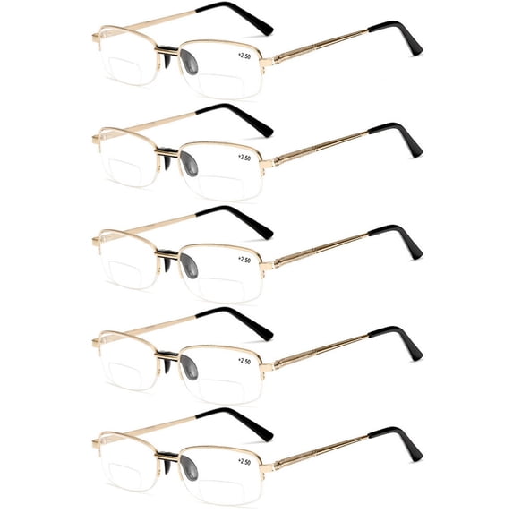5 Pairs of Men Bifocal Gold Metal Reading Glasses 3.00 Rectangular Half Rimless Readers 4.00