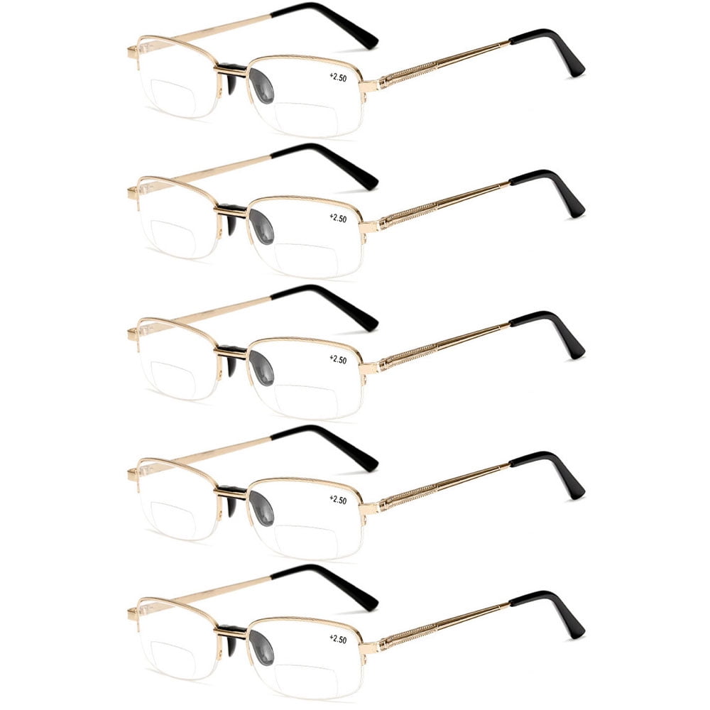 5 pairs of mens gold classic metal half rimless bifocal reading glasses