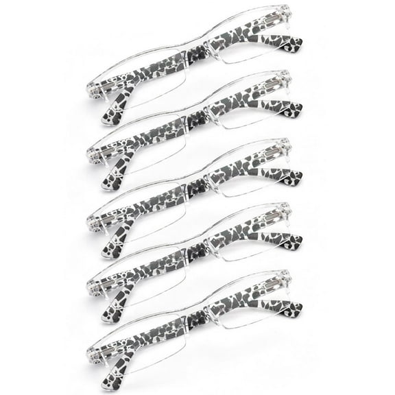 5 Pairs of Rectangular Reading Glasses 1.00 Half Rimless Clear Frame Zebra Print Spring Hinge Readers 1.00 strength