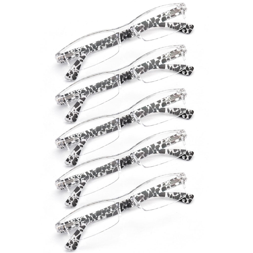 5 Pairs of Rectangular Reading Glasses 2.00 Half Rimless Clear Frame Zebra Print Spring Hinge Readers +2.00 strength