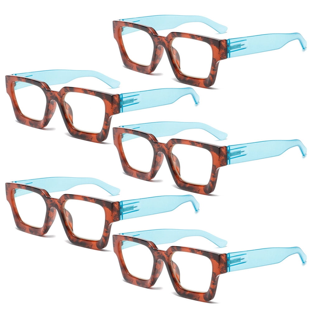 5 Pairs of Red Blue Thick Oversize Square Candy Color Reading Glasses 2.00 for Women and Men, Stylish Blue Light Blocking Spring Hinge Readers +2.00