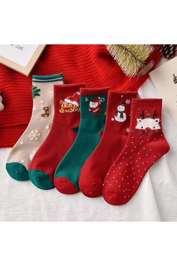 5 Pairs of Red Knee-High Christmas Socks - Festive Holiday Stockings for Women, Men, and Couples | Perfect Christmas Gift Idea for Students