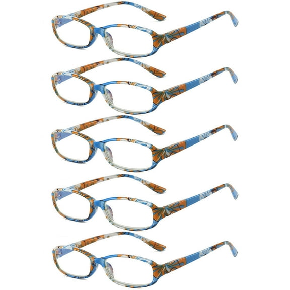 5 Pairs of Small Rectangle Flower Print Anti-blue Light Reading Glasses 1.00 Spring Hinges Readers for Women +1.00 strength