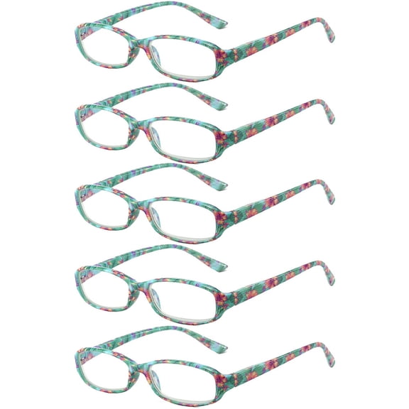 5 Pairs of Small Rectangle Flower Print Anti-blue Light Reading Glasses 1.00 Spring Hinges Readers for Women +1.00 strength