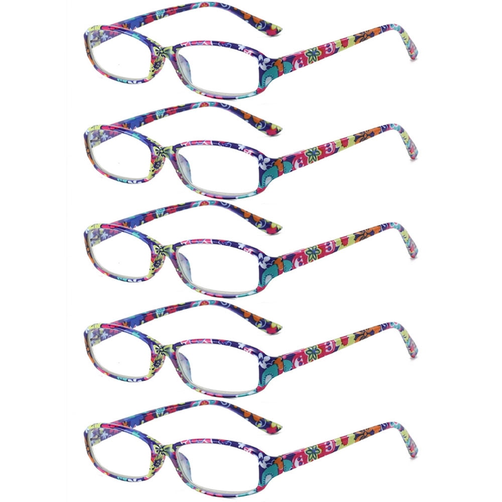 5 Pairs of Small Rectangle Flower Print Anti-blue Light Reading Glasses 1.00 Spring Hinges Readers for Women +1.00 strength