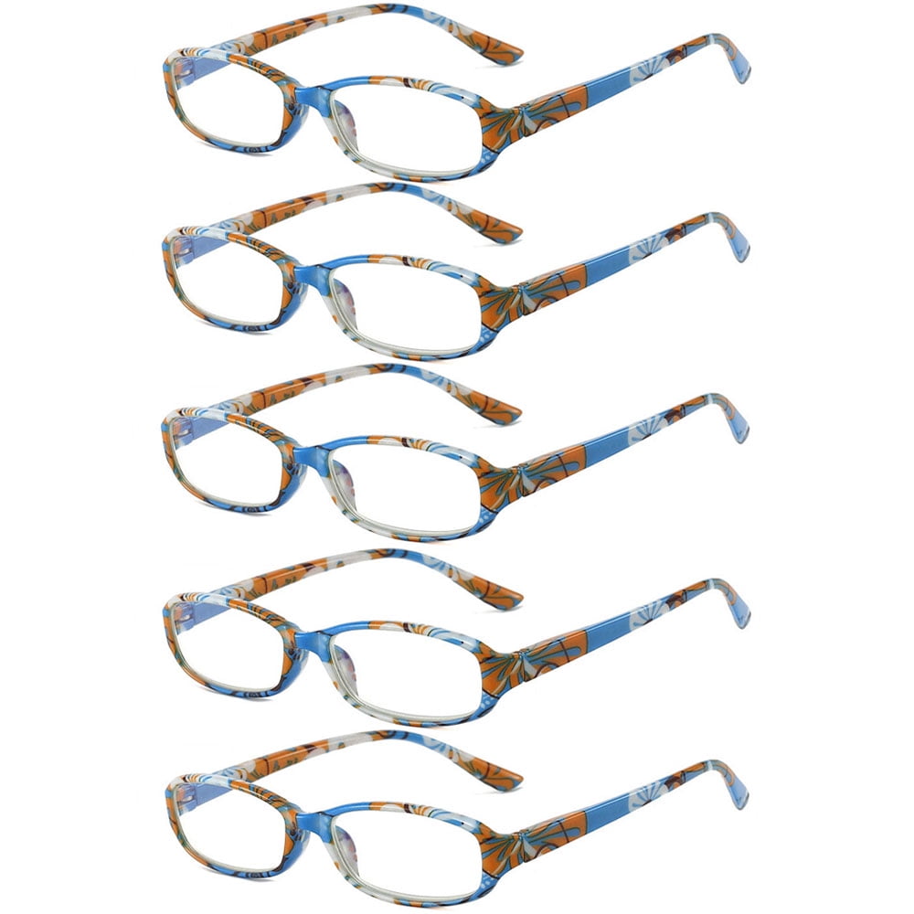 5 Pairs of Small Rectangle Flower Print Anti-blue Light Reading Glasses 3.00 Spring Hinges Readers for Women +3.00 strength