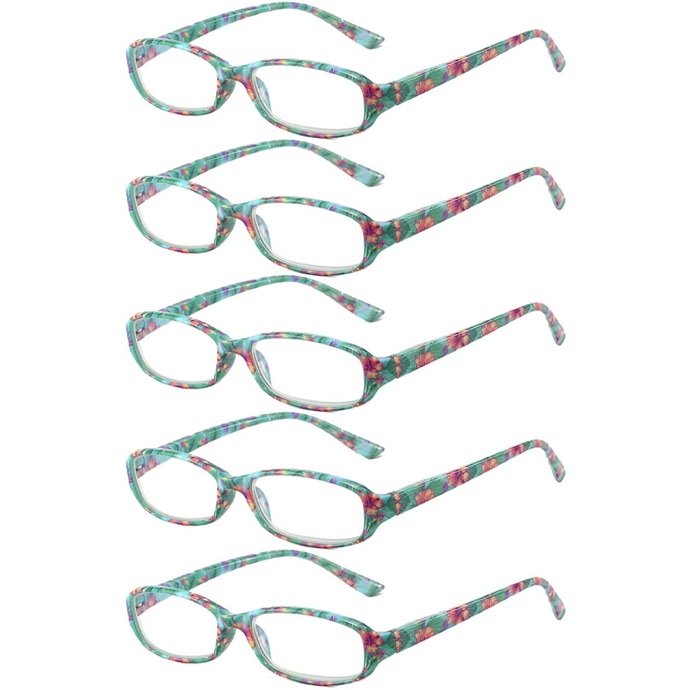 5 Pairs of Small Rectangle Flower Print Anti-blue Light Reading Glasses 3.00 Spring Hinges Readers for Women +3.00 strength