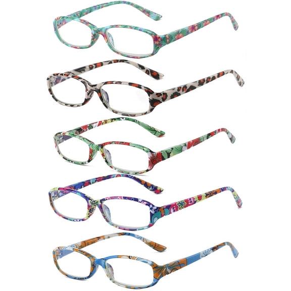 5 Pairs of Small Rectangle Flower Print Anti-blue Light Reading Glasses 3.00 Spring Hinges Readers for Women +3.00 strength