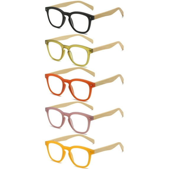 5 Pairs of Square Bamboo Print Reading Glasses 1.50 for Women and Men, Candy Color Thick Spring Hinge HD Wood Grain Readers +1.50
