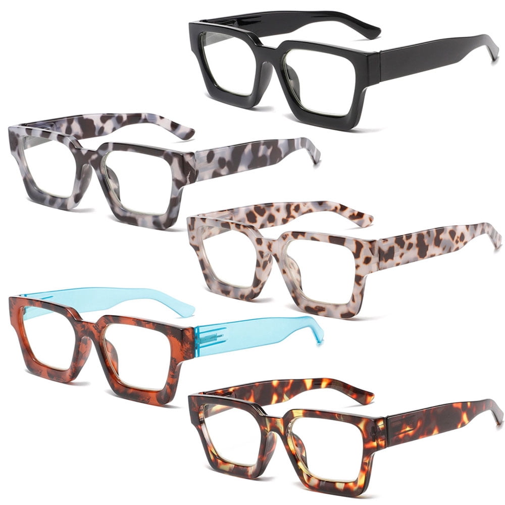 5 Pairs of Thick Oversize Square Candy Color Reading Glasses 2.50 for Women and Men, Stylish Blue Light Blocking Spring Hinge Readers +2.50