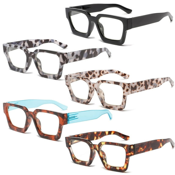 5 Pairs of Thick Oversize Square Candy Color Reading Glasses for Women and Men, Stylish Blue Light Blocking Spring Hinge Readers