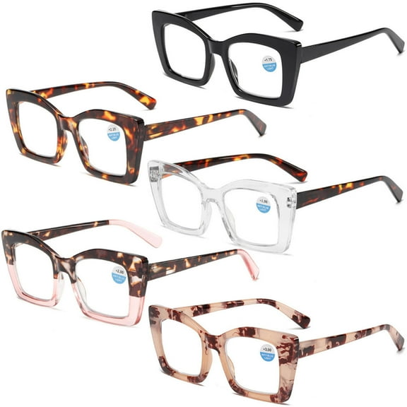 5 Pairs of Thick Oversize Square Reading Glasses for Women and Men, Blue Light Blocking Spring Hinge Eyeglasses Frame