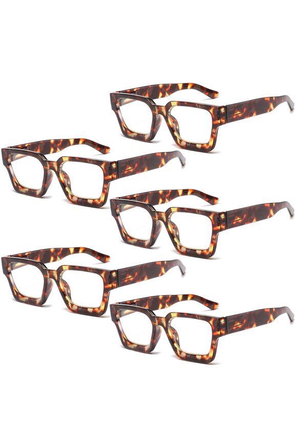 5 Pairs of Tortoiseshell Thick Oversize Square Candy Color Reading Glasses for Women and Men, Stylish Blue Light Blocking Spring Hinge Readers