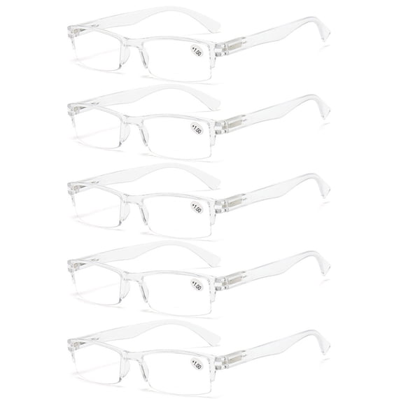 5 Pairs of Transparent Retro Rectangle Spring Hinge Reading Glasses 2.00 for Men and Women, Clear Half Rimless Lightweight Plastic Readers +2.00