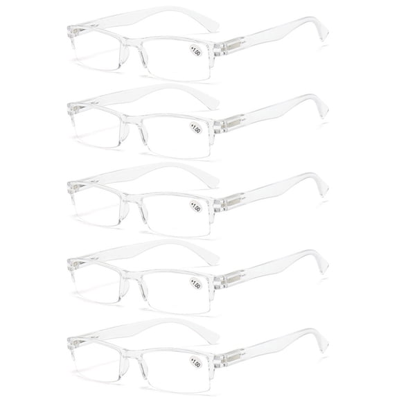 5 Pairs of Transparent Retro Rectangle Spring Hinge Reading Glasses 2.50 for Men and Women, Clear Half Rimless Lightweight Plastic Readers +2.50