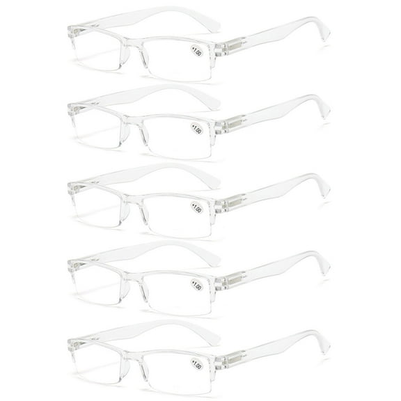 5 Pairs of Transparent Retro Rectangle Spring Hinge Reading Glasses 3.00 for Men and Women, Clear Half Rimless Lightweight Plastic Readers 3.00